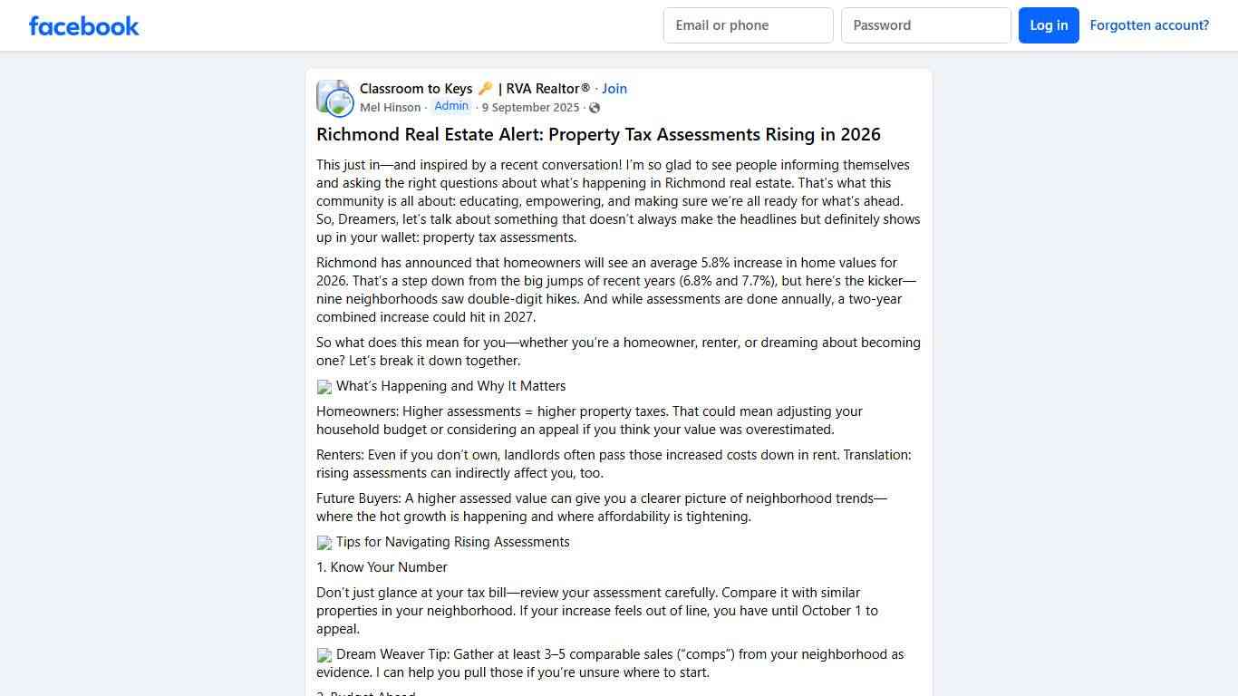 Classroom to Keys 🔑 RVA Realtor® Richmond Real Estate Alert: Property Tax Assessments Rising in 2026 Facebook