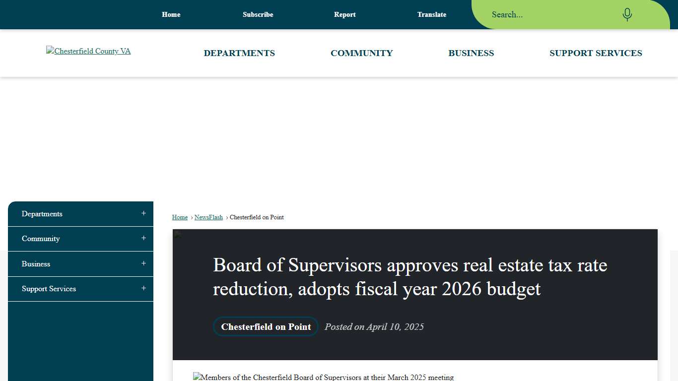 Board of Supervisors approves real estate tax rate reduction, adopts fiscal year 2026 budget • Chesterfield County, VA