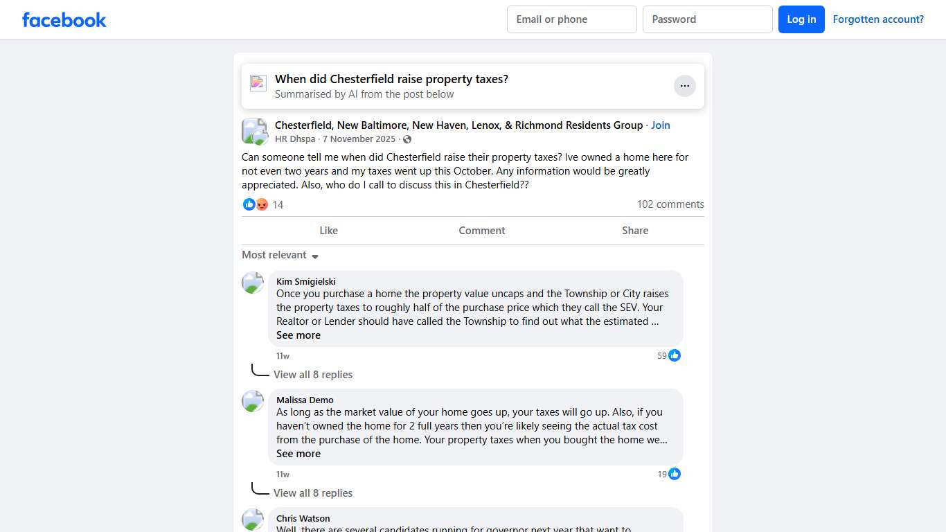 Chesterfield, New Baltimore, New Haven, Lenox, & Richmond Residents Group Can someone tell me when did Chesterfield raise their property taxes Facebook